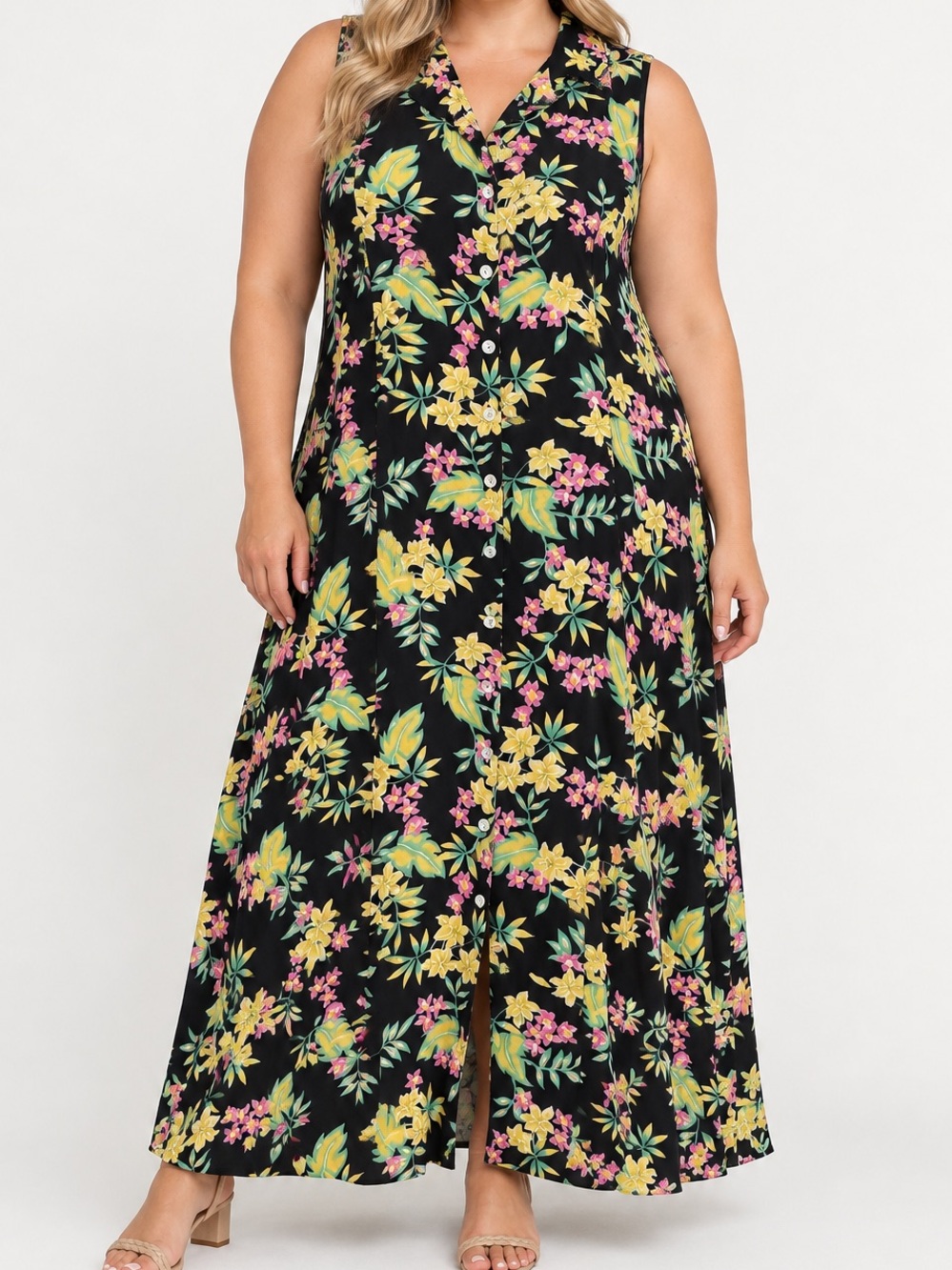 JBS Vintage 90s Black Floral Hawaiian Maxi Shirt Dress 16W